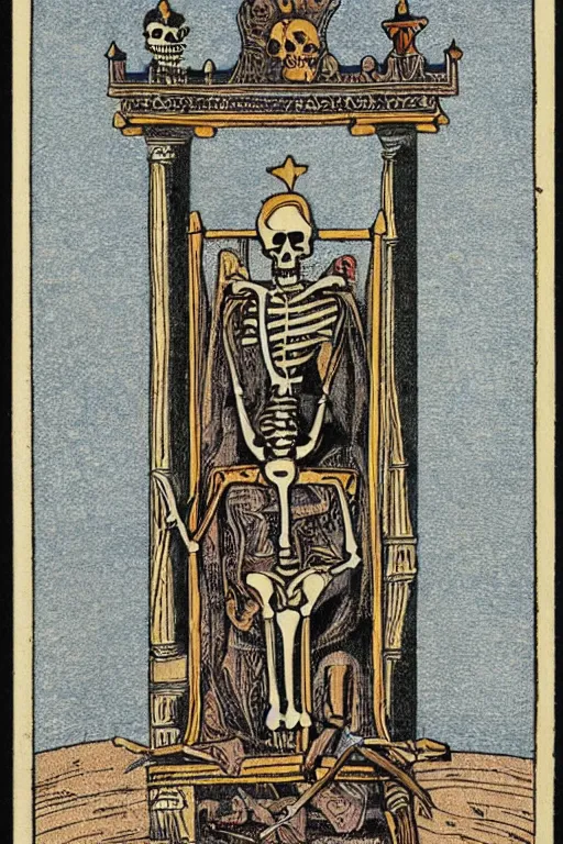 Image similar to tarot card of a king’s skeleton sitting on a decaying ancient throne, ornate frame, detailed