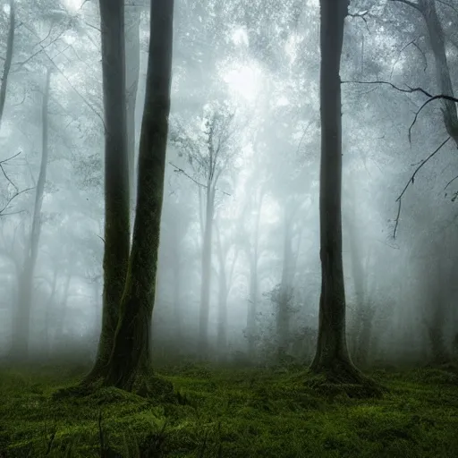 Prompt: surreal magical aura forest with fog, wisps and gloomy lightning