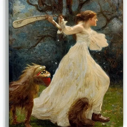 Image similar to young victorian woman fighting a monster, by alfred stevens