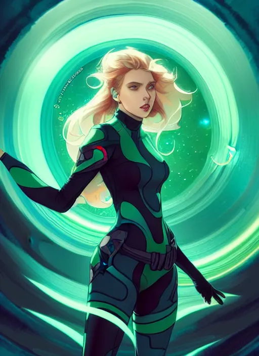 Image similar to style artgerm, joshua middleton, illustration, scarlett johansson as artificer wearing green pelt light armor, anime eyes, blue hair, swirling water cosmos, fantasy, dnd, cinematic lighting