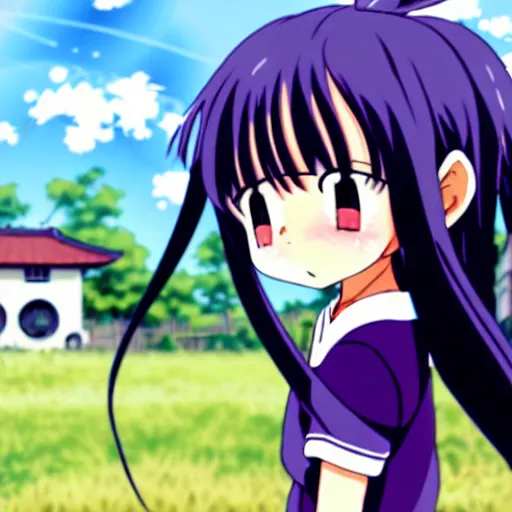 Prompt: A cute young anime girl with long indigo hair, wearing a school soccer uniform, in a large grassy green field, there is a cat next to her, shining golden hour, she has detailed black and purple anime eyes, extremely detailed cute anime girl face, she is happy, child like, Japanese shrine in the background, Higurashi, black anime pupils in her eyes, Haruhi Suzumiya, Umineko, Lucky Star, K-On, Kyoto Animation, she is smiling and happy, tons of details, stretching her legs on the grass, doing splits and stretching, chibi style, extremely cute, she is smiling and excited, her hands are placed on her thighs