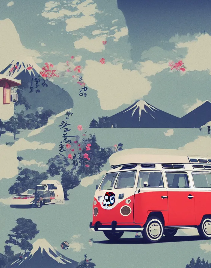 Image similar to vw camper touring rural japan, a collage painting, in the style of wes anderson, lola dupre, david hockney, isolated on negative white space background dark monochrome fluorescent spraypaint accents volumetric octane render, no double figure