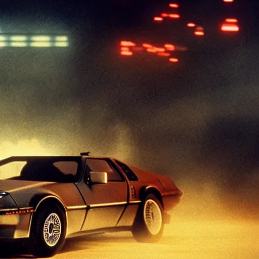 Prompt: cinematic still, blade runner, roger rabbit in a flying delorean, high quality, futuristic