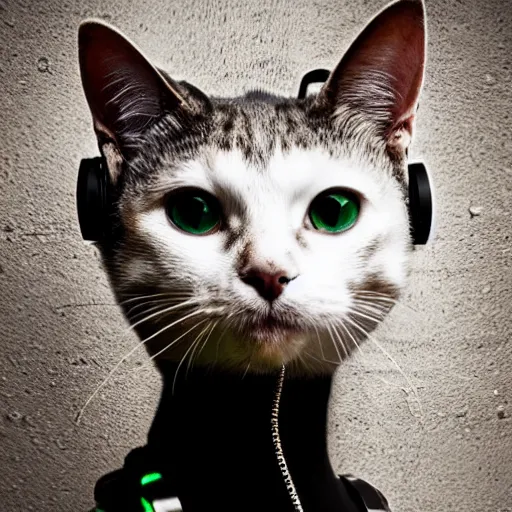 Image similar to portrait of a cute cyberpunk cat, realistic, futuristic, robot, professional photography