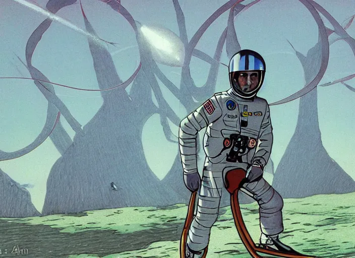 Image similar to a portrait of Alain Delon pilot in spacesuit posing on field forrest spaceship station landing laying lake artillery outer worlds shadows in FANTASTIC PLANET La planète sauvage animation by René Laloux