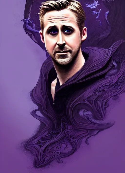 Image similar to side portrait Ryan Gosling as dark witch, adventurer outfit large cloak, fantasy forest landscape, dragon scales, fantasy magic, undercut hairstyle, short purple black fade hair, dark light night, intricate, elegant, sharp focus, illustration, highly detailed, digital painting, concept art, matte, art by WLOP and Artgerm and Greg Rutkowski and Alphonse Mucha, masterpiece
