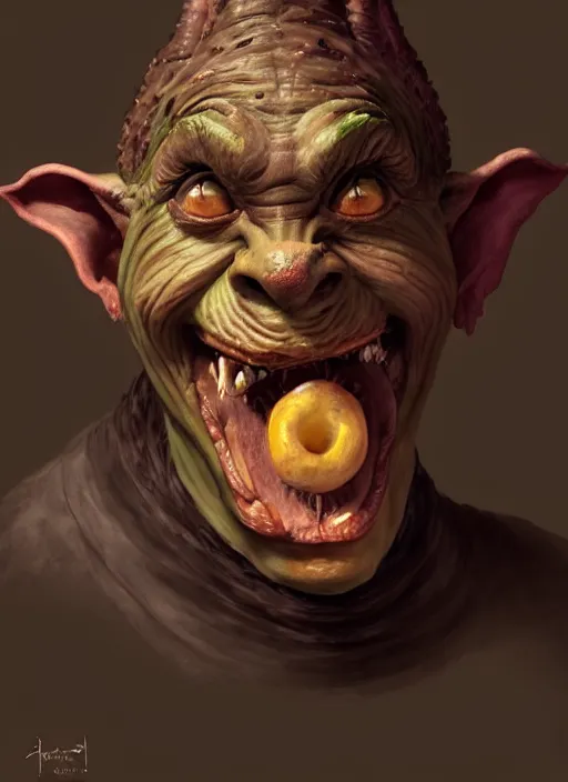 Image similar to portrait of a medieval goblin eating cakes, beautiful face, hyper realistic, highly detailed, digital painting, artstation, illustration, concept art by hyung tae and frank frazetta, digital paint, matte paint, washed colors, dark, gloomy