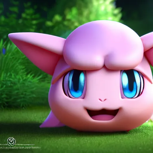 Image similar to nymph render of a very cute 3d jigglypuff pokemon, adorable eyes, cute smile, full round face, bright sunny time, serene forest setting, medium shot, mid-shot, highly detailed, trending on Artstation, Unreal Engine 4k