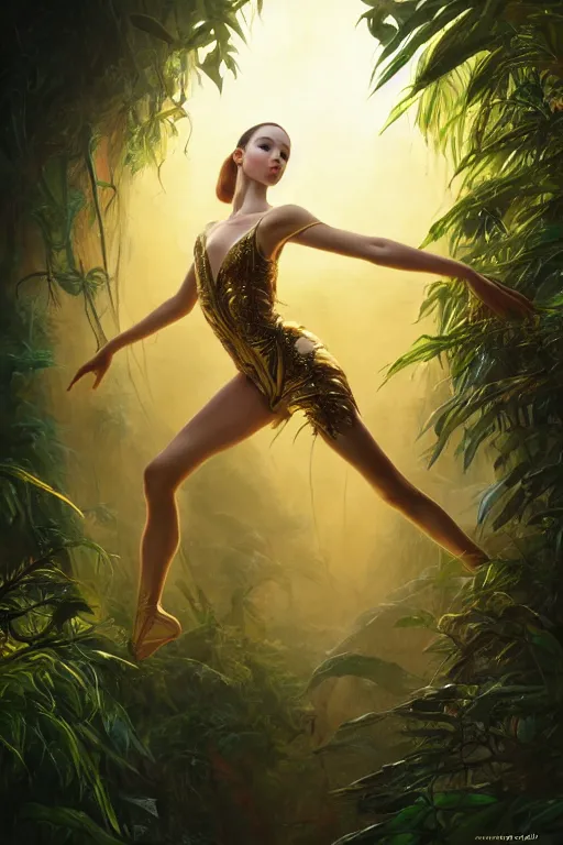 Prompt: stunningly beautiful, cybernetic prima ballerina in jungle, symmetrical face, golden hour, smooth, focus, highly detailed, hyper realistic, dramatic lighting, elegant, intricate, concept art, art by wlop, mars ravelo, greg rutowski, artstation