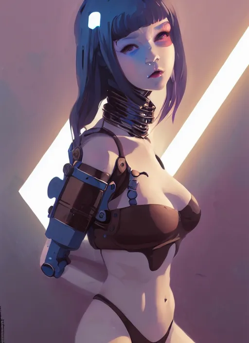 Image similar to portrait of cute goth girl in cyber bikini armor, face by ilya kuvshinov, warhammer, cyberpunk, by atey ghailan, by greg rutkowski, by greg tocchini, by james gilleard, by joe fenton, by kaethe butcher, dynamic lighting, gradient light blue, brown, blonde cream and white color in scheme, grunge aesthetic