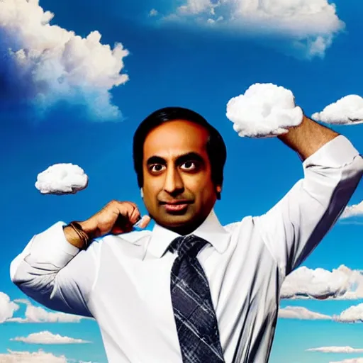 Prompt: Raj Koothrappali as Saul Goodman, promo poster, clouds in the background