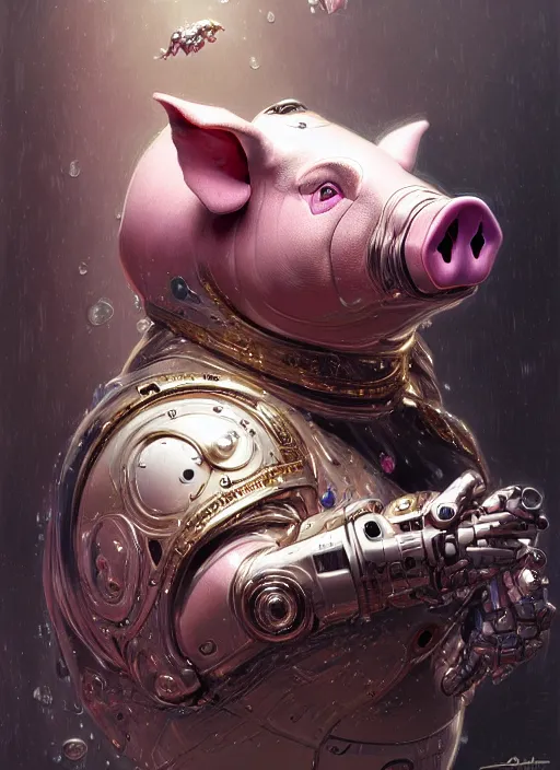 Prompt: robotic pig, d & d, wet, shiny, fantasy, intricate, elegant, extremely higly detailed, ultra definition, digital painting, artstation, anatomical perfection, baroque, portrait, concept art, smooth, sharp focus, illustration, art by artgerm and greg rutkowski and alphonse mucha