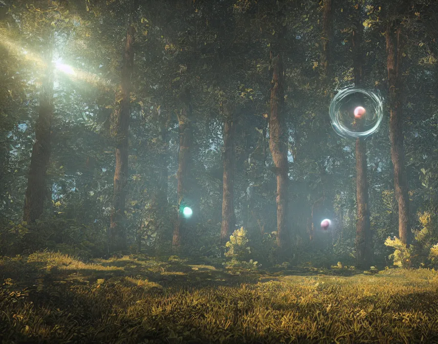 Prompt: flying geometric shiney circle in forest, 3 d graphics, fantasy artwork, very beautiful scenery, hd, hdr, ue 5, ue 6, unreal engine 5, cinematic 4 k wallpaper, 8 k, ultra detailed, by popular digital, details, beautiful image ever created, high resolution, artstation, award winning