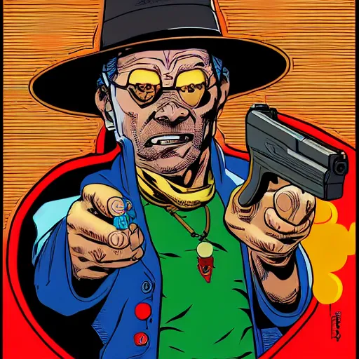 Prompt: A sorcerer wielding two Glock pistols, bust shot, art by Geof Darrow, high detail, 8k, Smooth, High contrast, depth of field, aperture f2.8