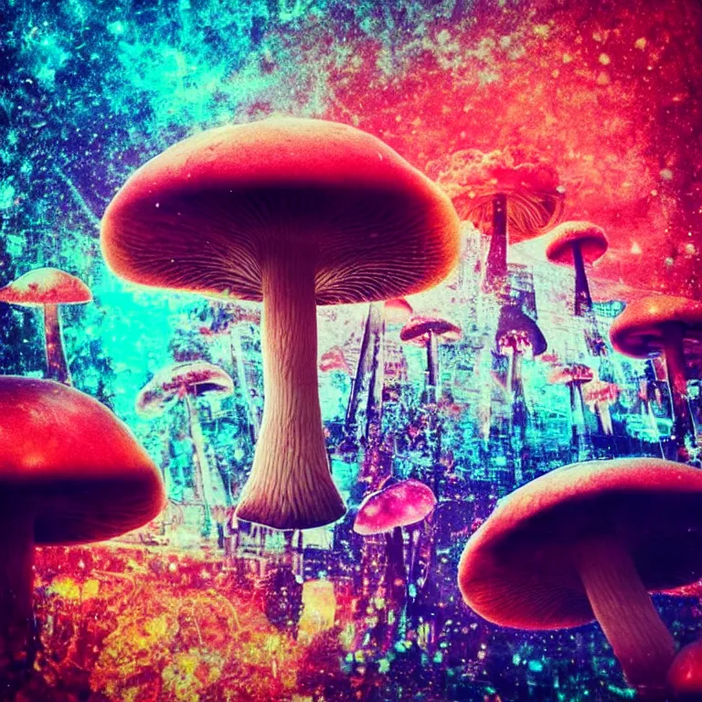 Image similar to double exposure of dally life, symbols of live, explosion, cyber mushroom city, love is the most relevant theme, love is infinity, love is begin of all, 8 k resolution, artistic mode, artistic, trending on instagram, long exposure, love art, serious, fantasy and dreams vibes, mushrooms style and macro style, colorful picture