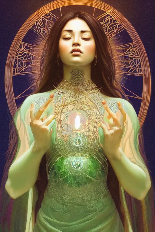 Image similar to ultra realistic illustration, a jade statue of sacred geometry, intricate, elegant, highly detailed, digital painting, artstation, concept art, smooth, sharp focus, illustration, art by artgerm and greg rutkowski and alphonse mucha