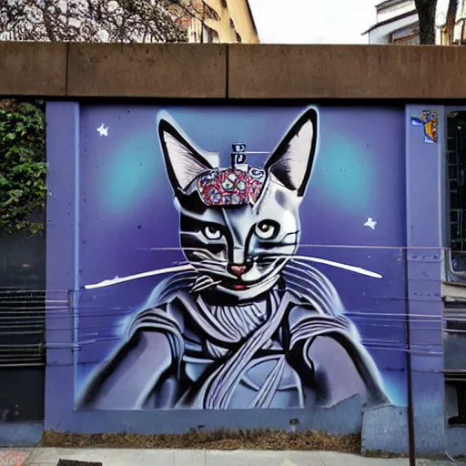 Image similar to samurai cat playing futuristic synth, street art