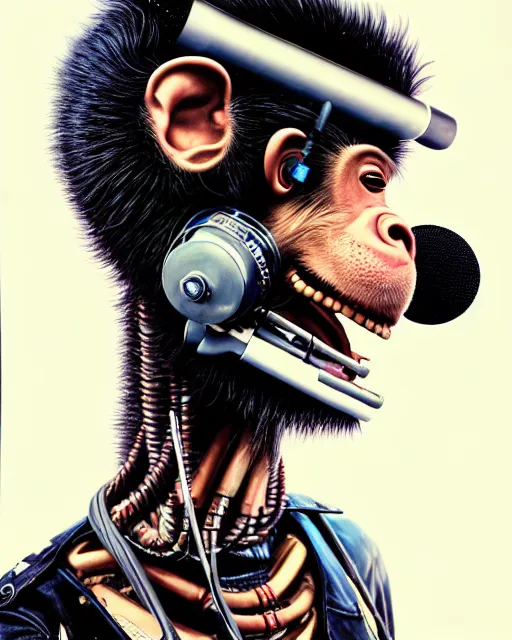 Prompt: a portrait of an anthropomorphic cyberpunk rockstar chimp singing into a microphone on a stand by sandra chevrier, by jon foster, detailed render, tape deck, epic composition, cybernetics, 4 k realistic, cryengine, realistic shaded lighting, sharp focus, masterpiece, by enki bilal