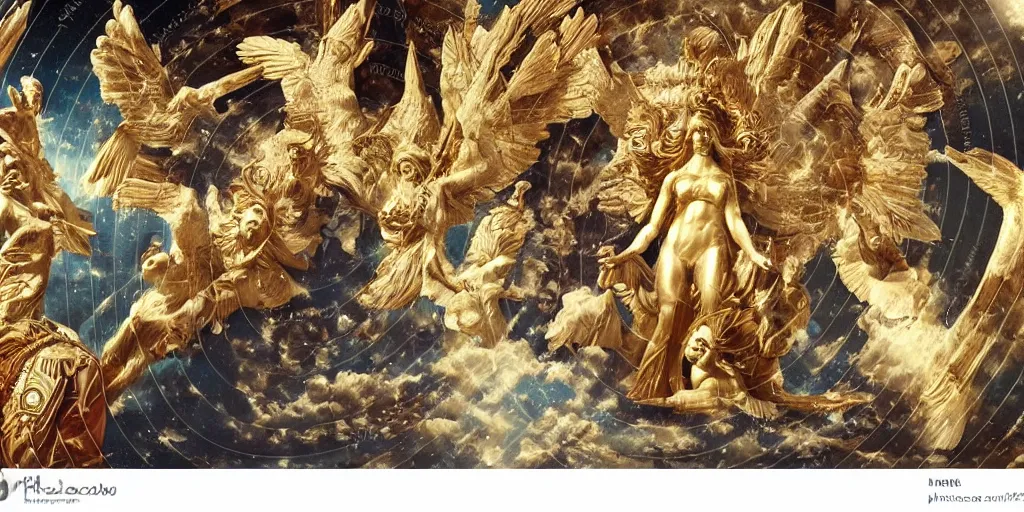 Prompt: majestic holy neorococo sistina saint Woman Venus godness Athena beautiful gracious pagans marble and gold in space stars clouds doves suns greeks war and peace trinity