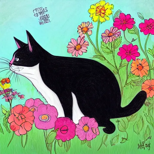 Prompt: cat smelling flowers, in the style of chiara bautista