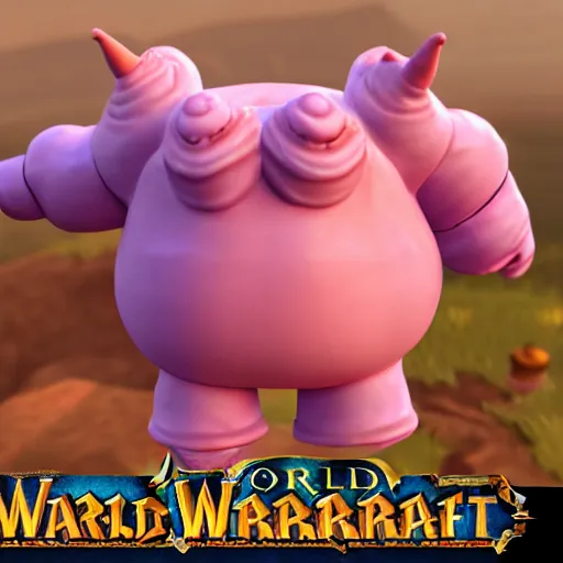 Image similar to world of warcraft character mr. blobby, rendered in octane with custard bubblegum subsurface scattering