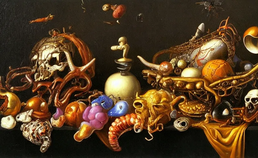 Prompt: disturbing colorful oil painting dutch golden age vanitas still life with bizarre objects strange gooey surfaces shiny metal bizarre insects rachel ruysch dali todd schorr very detailed perfect composition rule of thirds masterpiece