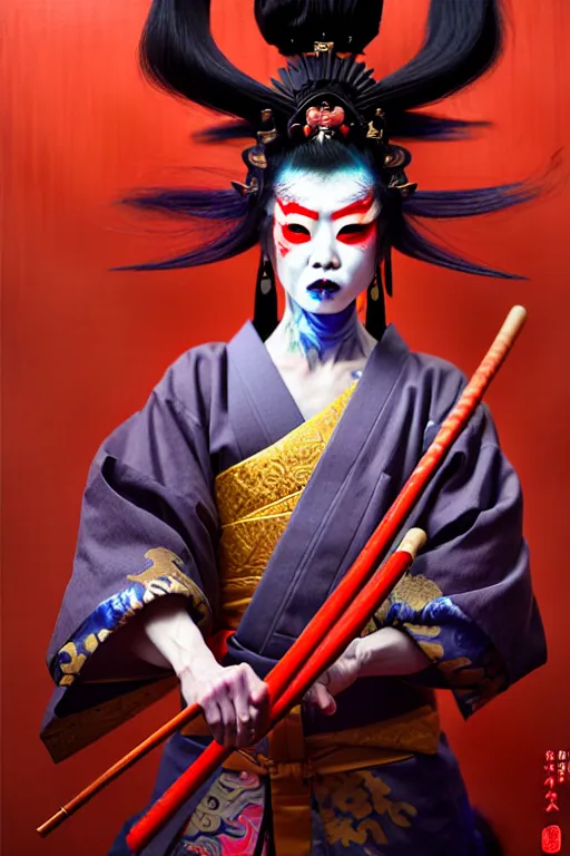 Prompt: an insane kabuki warrior wielding a spear while emitting a visible aura of madness, intricate hakama, red wig, crossed eyes, hazy atmosphere, high energy, in the style of fenghua zhong and ruan jia and jeremy lipking and peter mohrbacher, mystical colors, rim light,