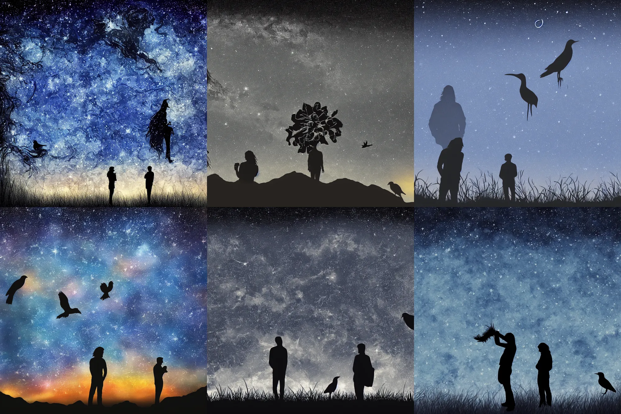 Prompt: Silhouette of a man with long hair and a bird staring at the distant starry sky where the stars form a picture of a flower, realistic digital art 4K