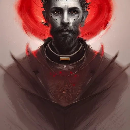 Image similar to portrait of a handsome Catholic priest with red eyes, dark, intricate details, highly detailed, eerie, concept art, digital painting, sharp, trending on artstation, award-winning. Art by Loran DeSore and Merwild