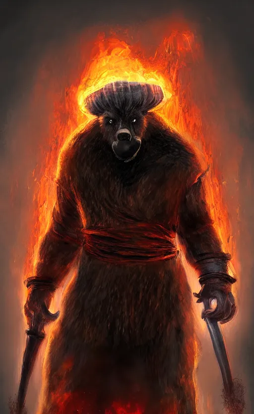 Image similar to Portrait of a bear beast-man wearing a turban with fire in his eyes wear, bloodborne concept art, trending on Artstation, photorealistic image, 8k.