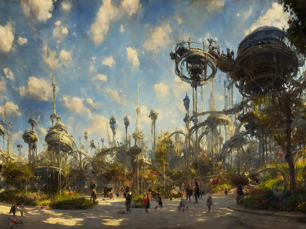 Image similar to impressionist brushstrokes!!!! solomon joseph solomon and richard schmid and jeremy lipking victorian loose genre loose painting of a busy elaborate ornate outdoor sci - fi park, cinematic, shadows, partly cloudy day, 4 k, detailed, by zaha hadid and beeple