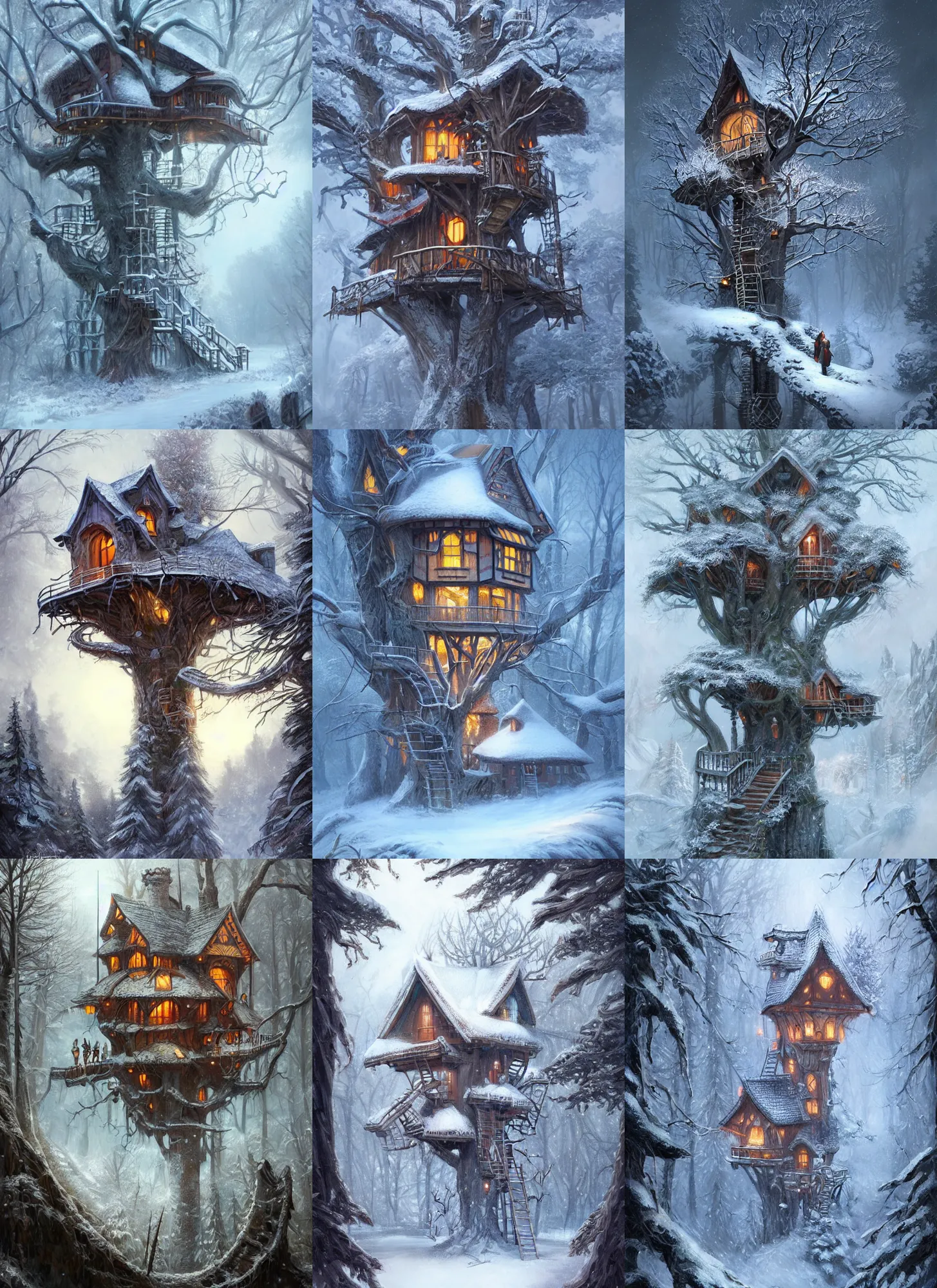 Prompt: wintry treehouse, d & d, fantasy, portrait, highly detailed, digital painting, trending on artstation, concept art, sharp focus, illustration, art by artgerm and greg rutkowski and magali villeneuve