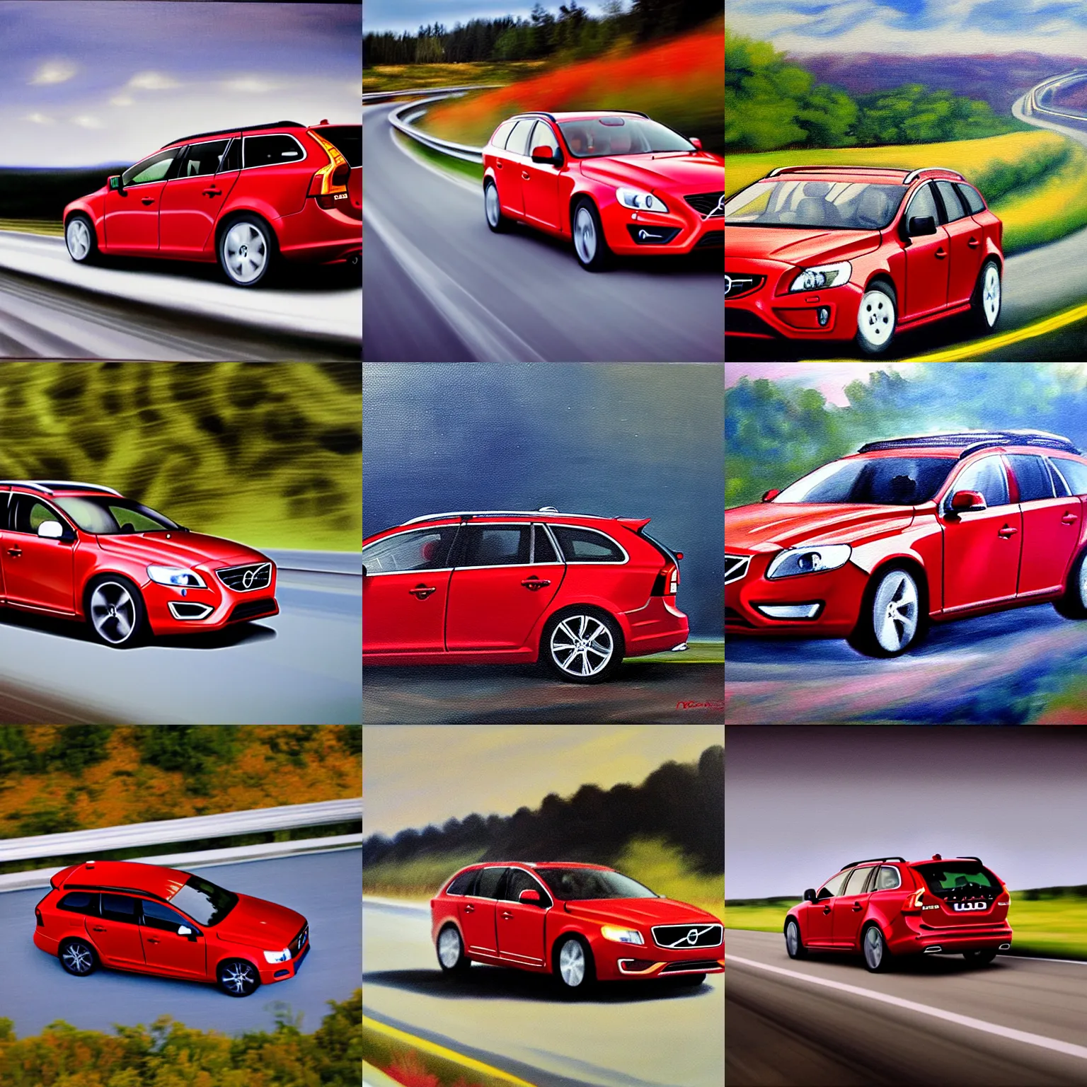 Painting Of A Red Volvo V50 Driving Fast On A Highway Stable 