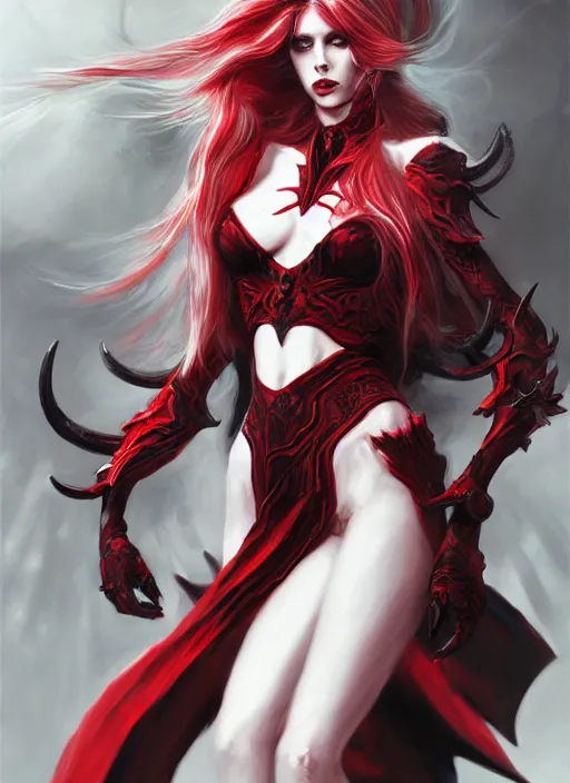 Image similar to a highly detailed illustration of fierce beautiful long white haired horned demon woman wearing red and black battle dress, dramatic imposing pose, perfect face, perfect body, intricate, elegant, highly detailed, centered, digital painting, artstation, concept art, smooth, sharp focus, league of legends concept art, wlop.