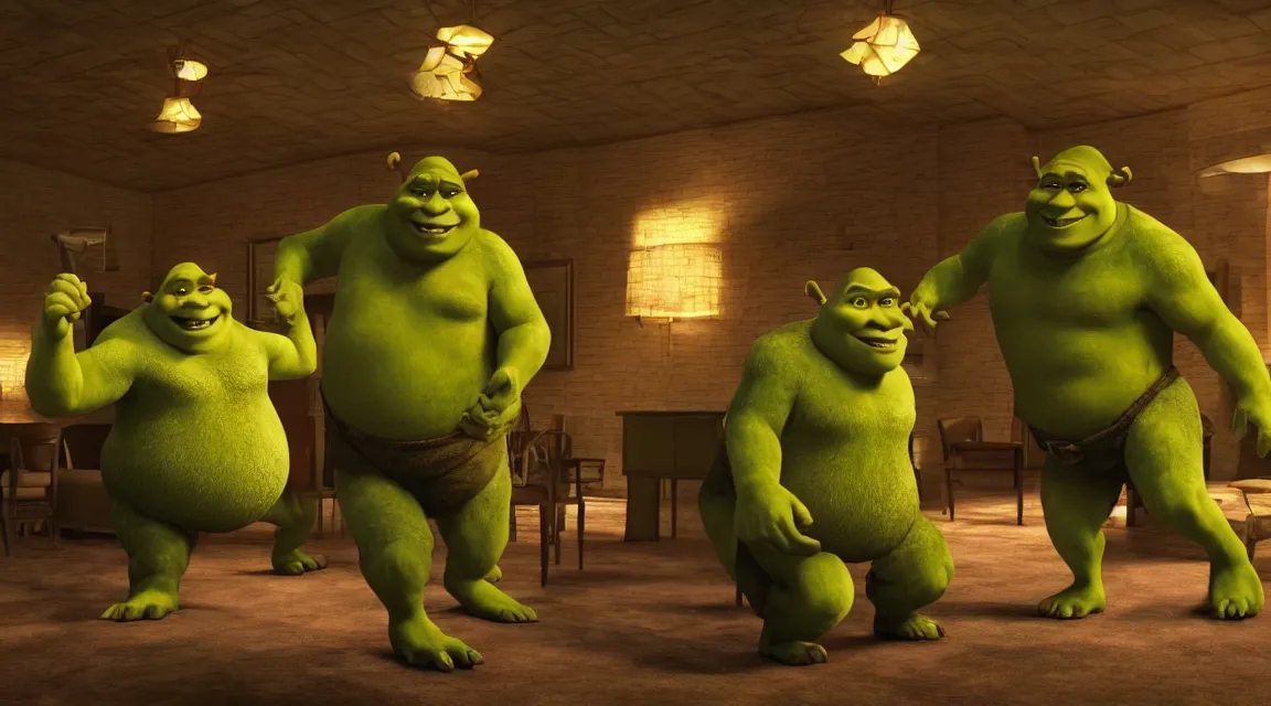 Image similar to Shrek tearing up a hotel room, octane render, epic composition, cinematic lighting, screenshot from pulp fiction