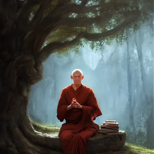 Image similar to ancient monk worshipping under the tree of wisdom, magical world, by greg rutkowski, sung choi, photo realistic, 8 k, cinematic lighting, hd, atmospheric, hyperdetailed, trending on artstation, devainart, digital painting, glow effect
