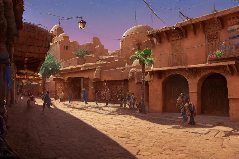 Image similar to low angle in the middle of a adobe house kasbah town, mud and brick houses, merchant street, pueblo dense architecture, colorful crowd. Huge persian temple in a plaza, round roof. Scenic view at night, underexposed, clean horizon, matte painting by craig mullins and dan mumford, dark fantasy, style of game of thrones, concept art trending on artstation, 4k, insane details