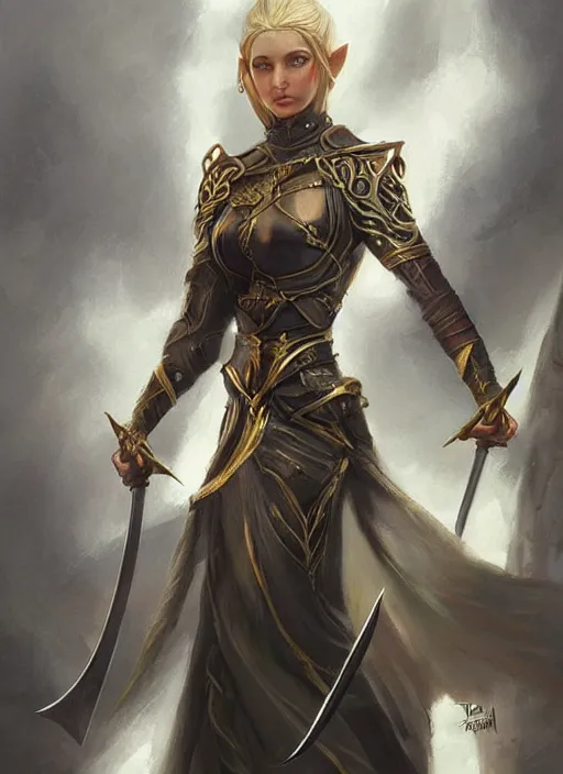Prompt: female elf with two swords in her hands, painted by artgerm and tom bagshaw, fantasy art, dramatic lighting, highly detailed oil painting