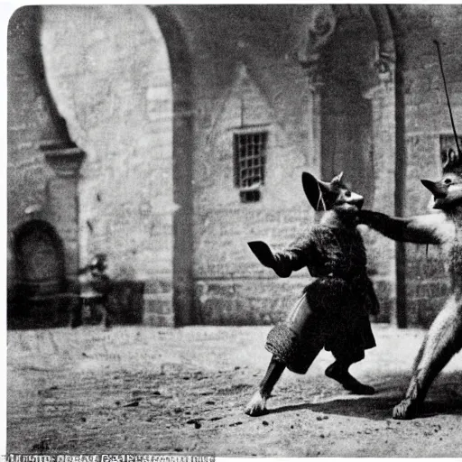 Image similar to anthropomorphic fox man fights in front of a castle, 1910s film scene