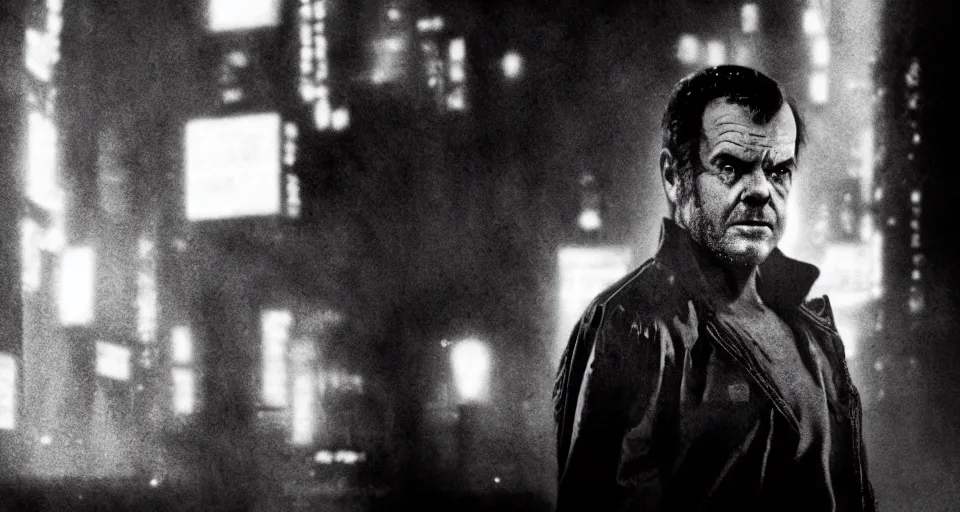 Image similar to young Jack Nicholson in Blade Runner 2049, high contrast cinematic film still