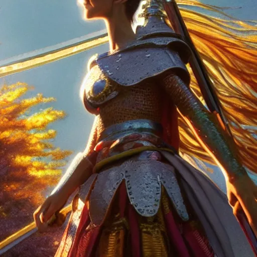 Image similar to a ultra detail picture portrait of A mystical warrior in shimmering armor wielding a legendary sword, the sun at their back, strides forward with sword held high. They are the embodiment of courage and strength, and they are ready to fight for what is right. vivid tones, wide angle, by miyazaki, nausicaa ghibli, 8k, photorealistic,