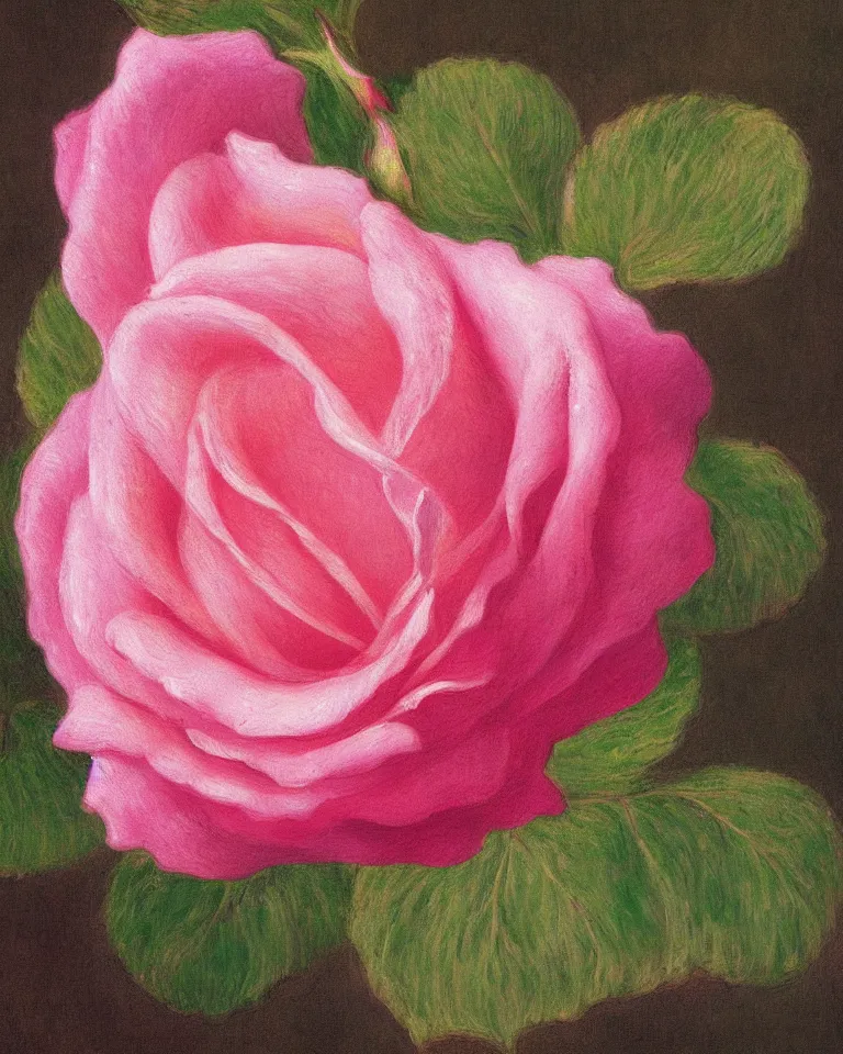 Prompt: achingly beautiful extreme close up painting of one blooming pink rose by rene magritte, monet, and turner. piranesi. macro lens, symmetry, circular.