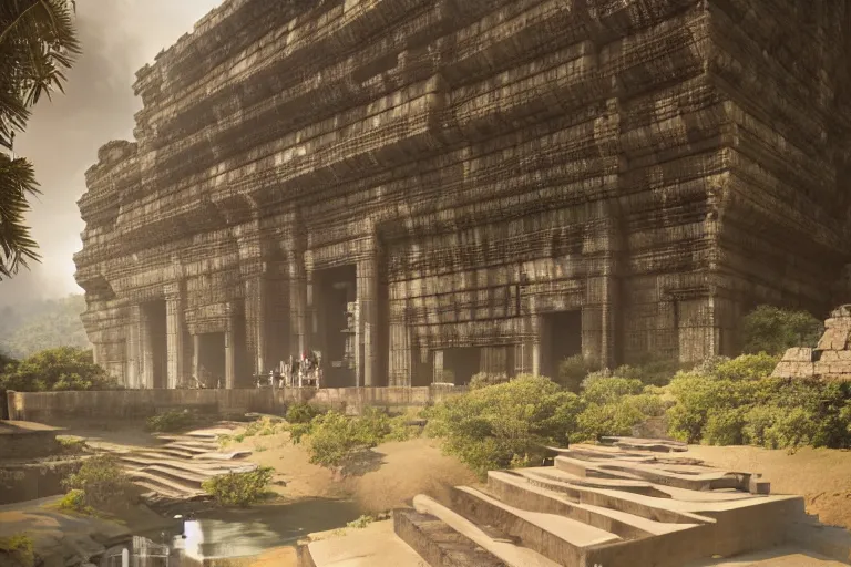 Image similar to brutalist futuristic angkor - styled structures in a primordial valley by jessica rossier