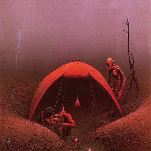 Prompt: beksinski goblin camping