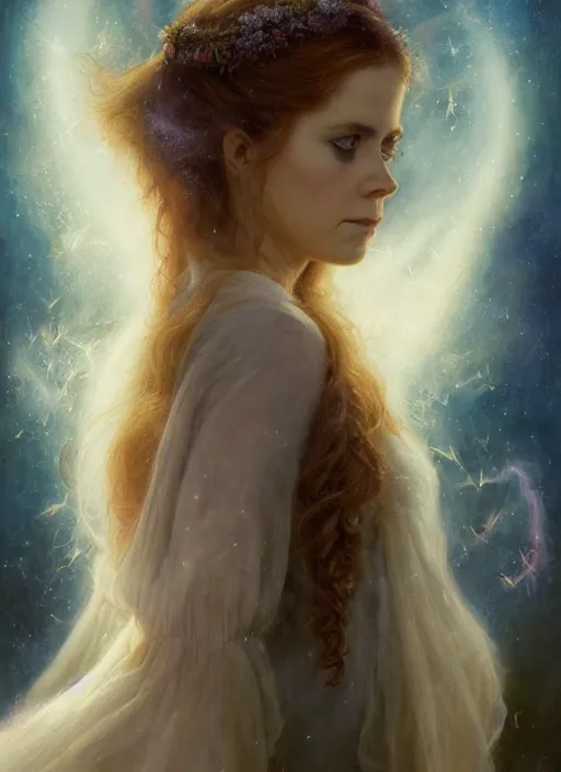 Image similar to Amy Adams staring into the camera, misty wisps, fireflies, Lilia Alvarado, Sophie Anderson, Mark Arian, Bob Byerley, Charlie Bowater, Mark Brooks, Steve Henderson, Justin Gerard, Arthur Hughes, Edward Robert Hughes, Mark Keathley, Victor Nizovtsev, Carlos Shwabe, Ross Tran, WLOP