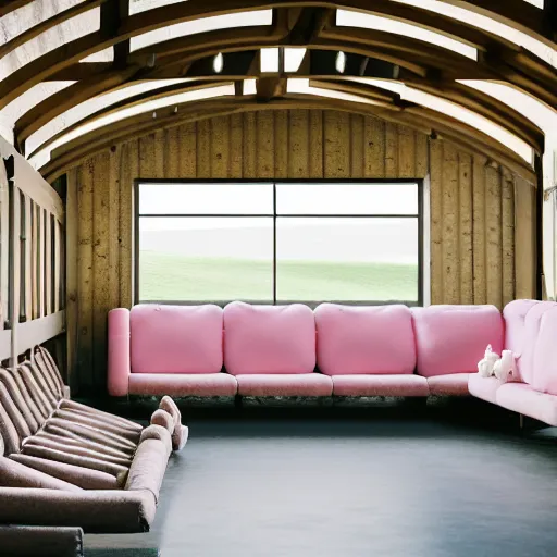 Image similar to interior view of modern futuristic farm barn architecture and interior design showing cows laying down on sofas and pigs and chickens sitting in lounge chairs, wall art, throw pillows, areas rugs, feed troughs, hay, detailed luminescent oil painting 4 k