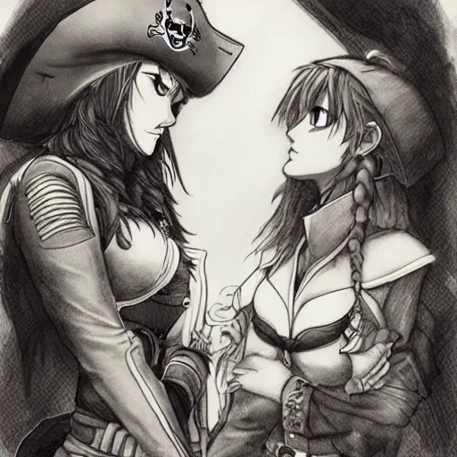 Prompt: a scene of a stare down between two beautiful female pirate captains, detailed anime art