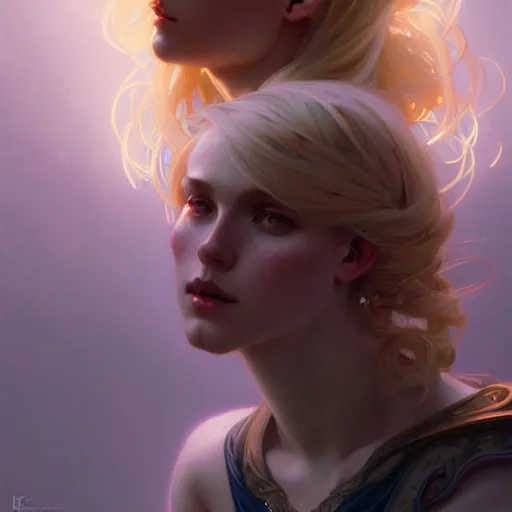 Prompt: A girl with blonde hair and glowing halo, spiritual, ethereal, dramatic lighting, fantasy, intricate, elegant, highly detailed, digital painting, artstation, concept art, smooth, sharp focus, illustration, art by Krenz Cushart and Artem Demura and alphonse mucha