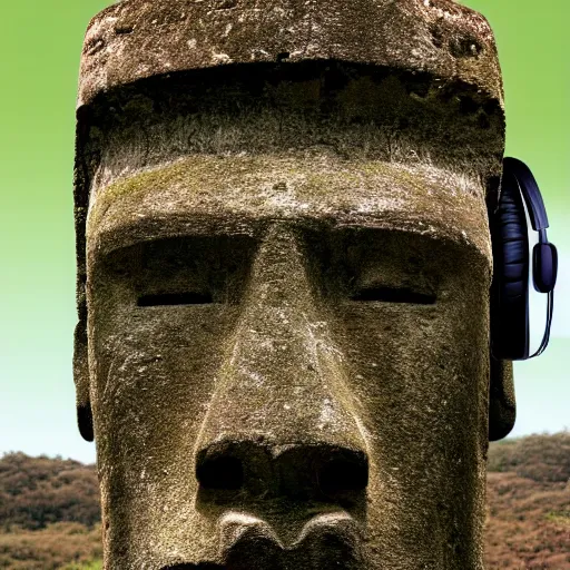 Image similar to a high detail photo of a moai wearing headphones, subject: moai, subject detail: wearing headphones