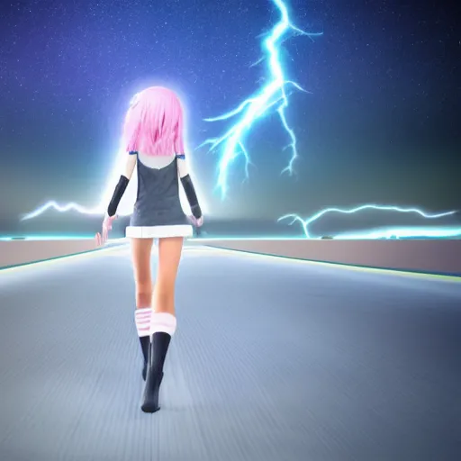 Image similar to 3d hd render of teenager anime girl full body walking backwards octane render post denoised, night sky, volumetric lightning dark grey tint